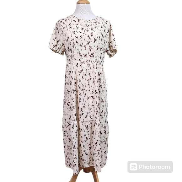 Shein Tiered Dress Cottagecore Cream Leaf Print, sz L - Picture 1 of 9